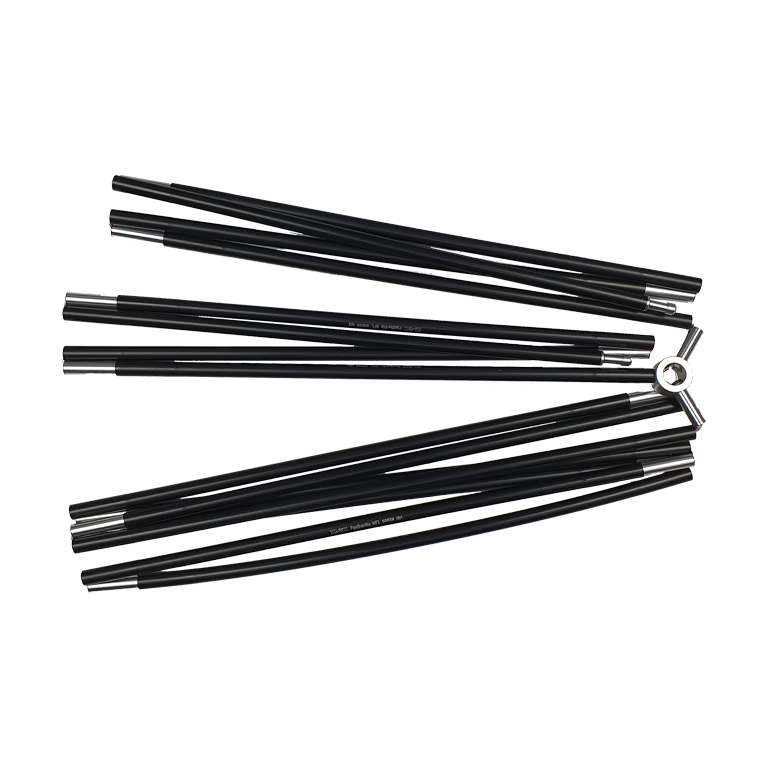 Several black metal pole sections with silver ferrules fanned around a small circular connector on a white background.