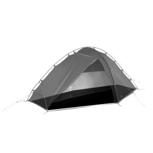 Southern-Cross-1-1500x1500-1-3.jpg Grey two-person dome tent on a white background with a partially opened rainfly revealing the inner mesh door and black bathtub floor, supported by crossed aluminium poles and guy lines.