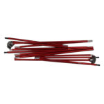 Pile of red aluminium tent poles with silver ferrules, black end tips and two grey hub connectors on a white background