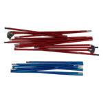 Two disassembled sets of aluminium tent-pole segments—one pile of red poles above a smaller pile of blue poles—with silver ferrules and black end tips on a white background.