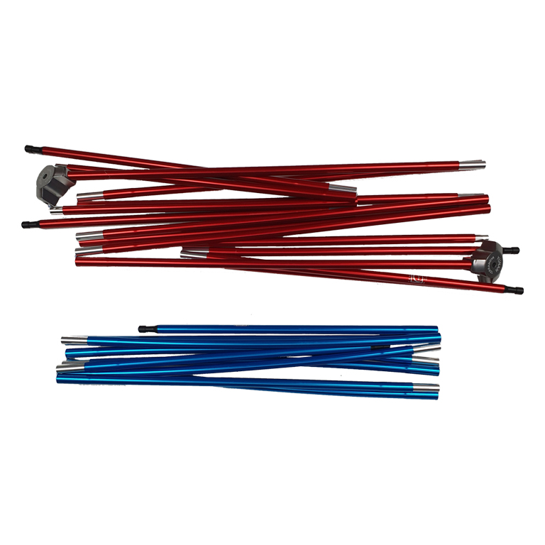 Two disassembled sets of aluminium tent-pole segments—one pile of red poles above a smaller pile of blue poles—with silver ferrules and black end tips on a white background.