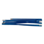 Several blue anodised aluminium tent pole sections with silver ferrules and one black shock-cord end arranged in a loose horizontal pile on a white background.