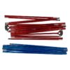 Two bundles of anodised aluminium tent pole sections—one red with metal hub connectors and black plastic tips, and one blue—laid parallel on a white background.