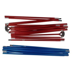 Southern-cross-2-pole-set-WEB-3.jpg Two bundles of anodised aluminium tent pole sections—one red with metal hub connectors and black plastic tips, and one blue—laid parallel on a white background.