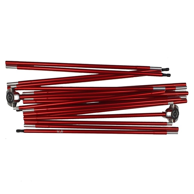 Several red anodised aluminium collapsible tent pole sections with silver connector sleeves and black ferrules laid in a loose pile on a white background.