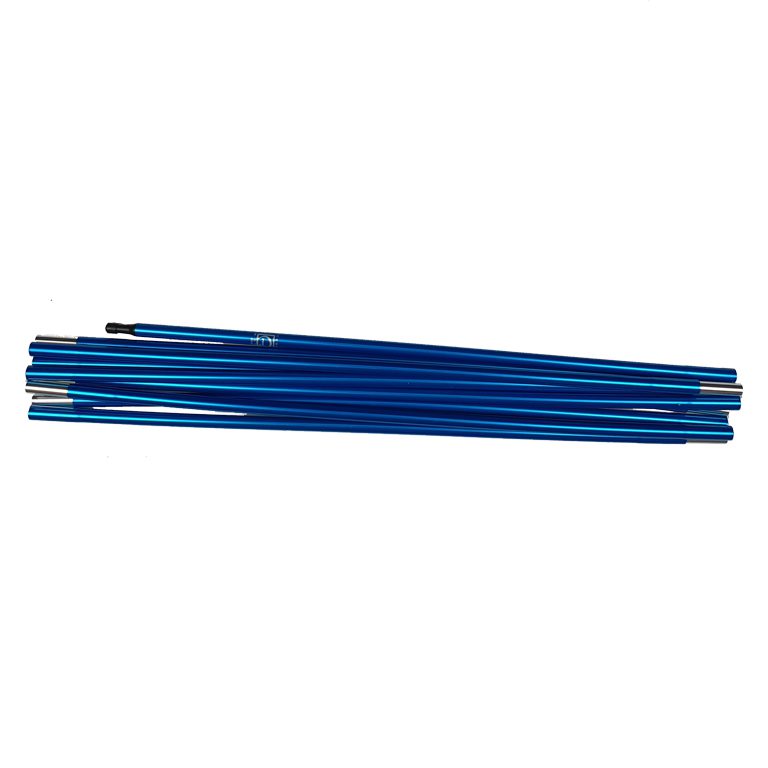 Several collapsed blue anodised aluminium tent-pole sections with silver ferrules and a black end tip, stacked on a plain white background