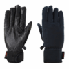 Two black winter gloves side by side — left glove palm-side up showing textured leather palm, reinforced thumb and velcro wrist strap; right glove back-side up showing smooth fabric back, elasticated cuff and a small XDRY tag.