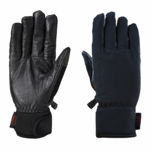 Two black winter gloves side by side — left glove palm-side up showing textured leather palm, reinforced thumb and velcro wrist strap; right glove back-side up showing smooth fabric back, elasticated cuff and a small XDRY tag.