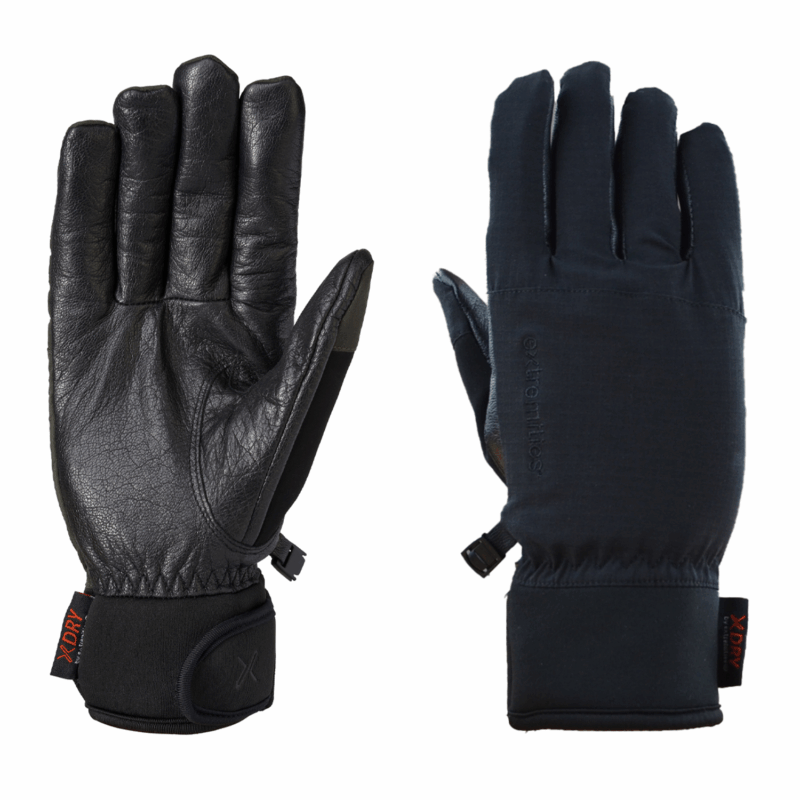 Two black winter gloves side by side — left glove palm-side up showing textured leather palm, reinforced thumb and velcro wrist strap; right glove back-side up showing smooth fabric back, elasticated cuff and a small XDRY tag.
