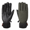 Pair of insulated winter gloves laid flat side-by-side, left glove showing a black leather palm and fingers with elastic wrist and neoprene cuff, right glove showing an olive green fabric back with stitched branding, elastic wrist, small plastic clip and orange XDRY tags.