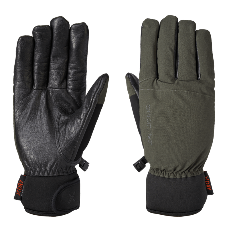 Pair of insulated winter gloves laid flat side-by-side, left glove showing a black leather palm and fingers with elastic wrist and neoprene cuff, right glove showing an olive green fabric back with stitched branding, elastic wrist, small plastic clip and orange XDRY tags.