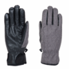 Pair of gloves on a white background: left glove shows a black leather palm with elasticated wrist and adjustable Velcro strap, right glove shows a grey herringbone fabric back.