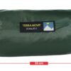 Green cylindrical Terra Nova Starlite 1 compression sack with logo patch and yellow drawcord, shown with red arrows indicating dimensions 30 cm length and 15 cm height.