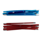Two sets of collapsed aluminium tent poles on a white background: a metallic blue bundle at the top and a metallic red bundle at the bottom, showing silver end ferrules and black elastic shock-cord connectors.