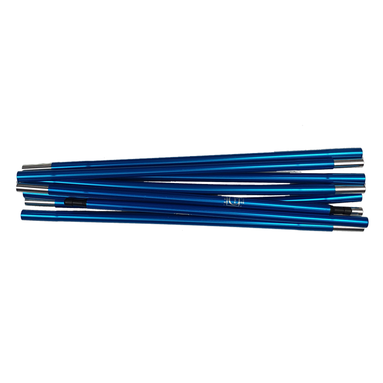 Bundle of glossy blue anodised aluminium pole sections with silver end ferrules and a few black connector pieces, laid horizontally on a white background.