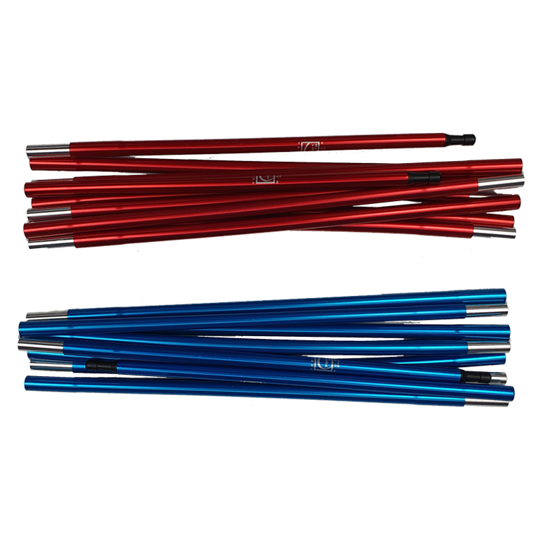 Two bundles of metallic collapsible tent poles, one red and one blue, laid parallel on a white background with silver ferrules and black plastic connectors visible.