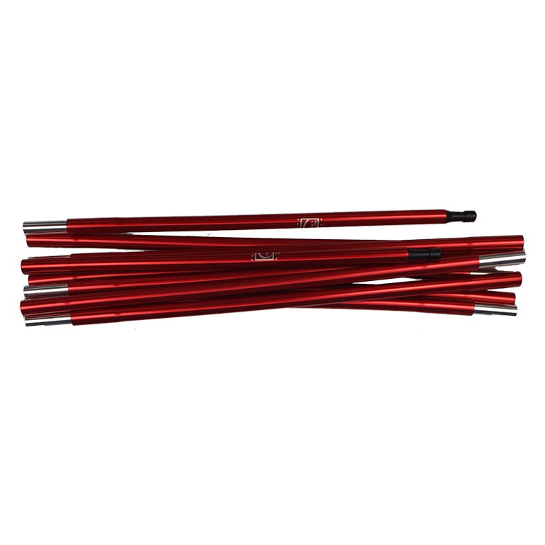 Set of red anodised aluminium tent pole segments with silver ferrules and black plastic connectors, stacked on a white background
