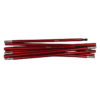 Collapsible red sectional tent poles with silver end caps and black ferrules, piled overlapping on a white background.