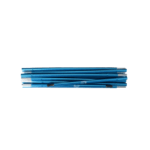 Collapsible metallic blue tent poles with silver end sections and black plastic ferrules, bundled horizontally against a white background.