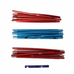 Three folded sets of lightweight metallic tent poles — two red bundles at top and bottom and a blue bundle in the middle — showing silver ferrules and black plastic joints, with a small purple aluminium connector piece below them on a white background.