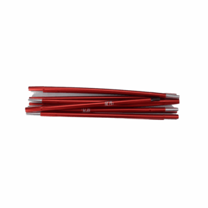 Several red anodised aluminium tent-pole segments with silver connector ends stacked on a white background.