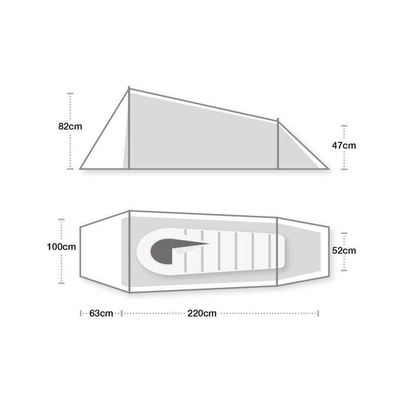 Side and plan schematic of a tapered one-person tent showing an internal sleeping pad and pillow; side view labels peak and porch heights 82 cm and 47 cm, plan view labels head width 100 cm and foot width 52 cm, and overall sleeping length 220 cm with a 63 cm vestibule.