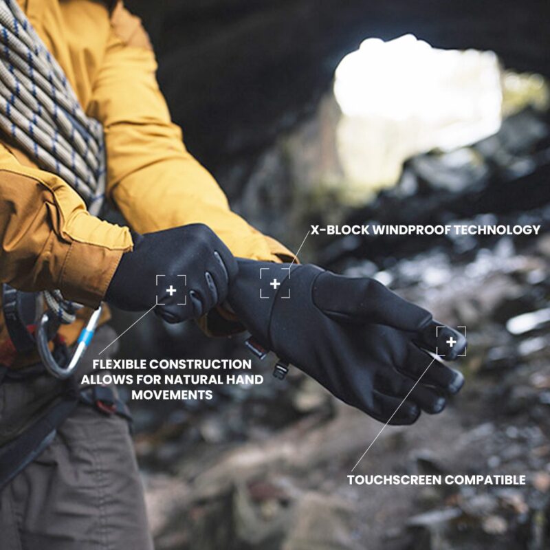 Person wearing a yellow jacket and climbing harness pulls on black windproof gloves near a rocky cave entrance, a coiled climbing rope and carabiner visible, with on-image labels pointing to the gloves reading X-Block Windproof Technology, Flexible construction allows for natural hand movements and Touchscreen compatible.