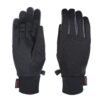Pair of slim black gloves laid flat, one showing the palm and the other the back, with grey piping along the finger edges, short elasticated cuffs, a small plastic clip to join them and a red brand tag at each wrist