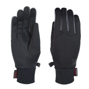 Pair of slim black gloves laid flat, one showing the palm and the other the back, with grey piping along the finger edges, short elasticated cuffs, a small plastic clip to join them and a red brand tag at each wrist