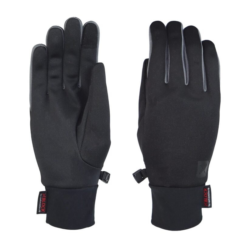 Pair of slim black gloves laid flat, one showing the palm and the other the back, with grey piping along the finger edges, short elasticated cuffs, a small plastic clip to join them and a red brand tag at each wrist