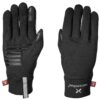 Pair of black insulated gloves displayed palm-side up (left) and back-side up (right), left glove featuring horizontal silicone grip strips and a touchscreen-capable thumb and index fingertip, right glove showing a plain back, reflective cuff tab and a small insulation brand tag.