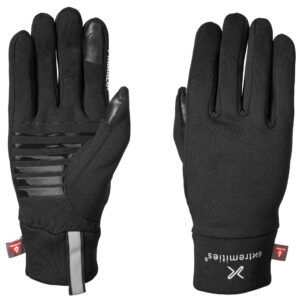 Pair of black insulated gloves displayed palm-side up (left) and back-side up (right), left glove featuring horizontal silicone grip strips and a touchscreen-capable thumb and index fingertip, right glove showing a plain back, reflective cuff tab and a small insulation brand tag.