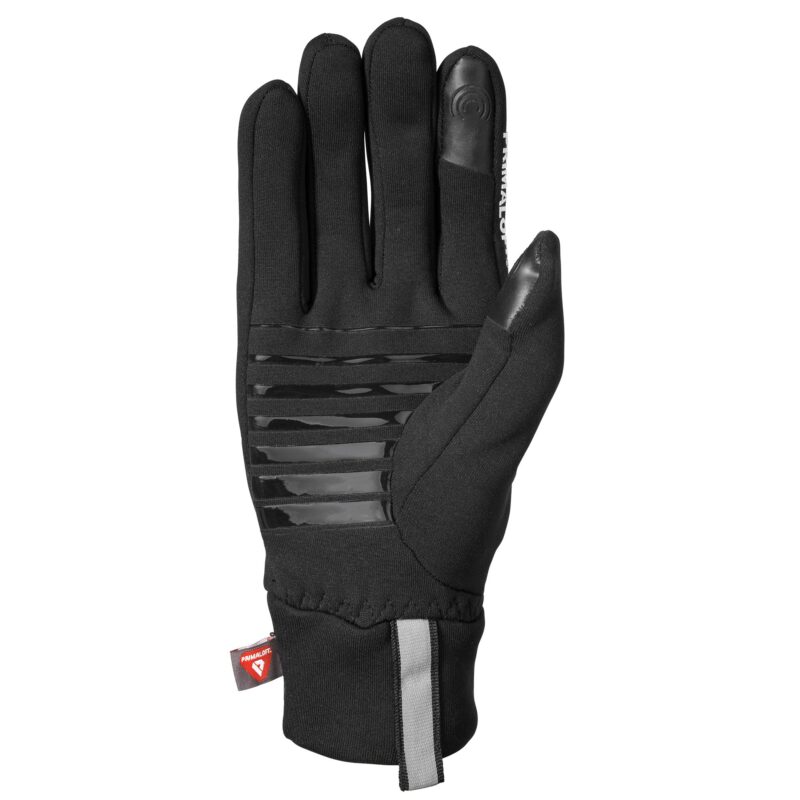 Black insulated glove shown palm-up with horizontal glossy grip strips across the palm, touchscreen-friendly reinforced tips on thumb and index finger, a reflective cuff tab and small red brand tag.