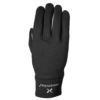 Black winter glove lying flat with fingers together, smooth fabric back and ribbed wrist cuff printed with the word extremities and a stylised X logo.