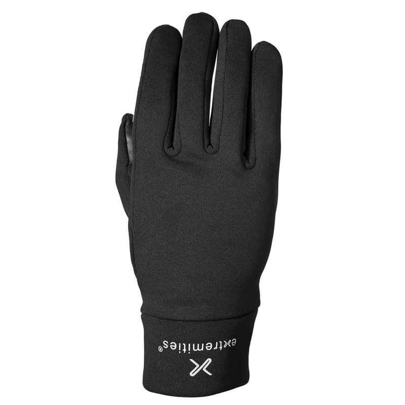 Black winter glove lying flat with fingers together, smooth fabric back and ribbed wrist cuff printed with the word extremities and a stylised X logo.