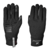 Pair of black insulated gloves shown palm and back view, featuring silicone grip stripes on the palm, touchscreen-compatible thumb and index finger tips, and a reflective wrist tab with brand logo on the cuff.