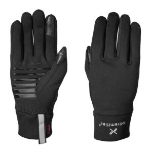 Pair of black insulated gloves shown palm and back view, featuring silicone grip stripes on the palm, touchscreen-compatible thumb and index finger tips, and a reflective wrist tab with brand logo on the cuff.