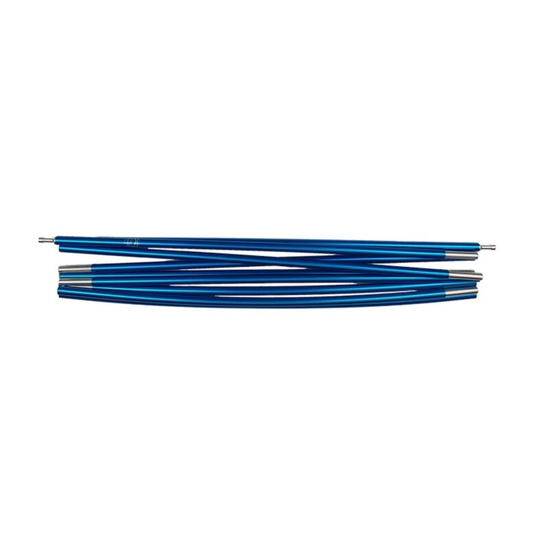 Several metallic blue segmented aluminium tent poles with silver end connectors arranged horizontally on a white background.