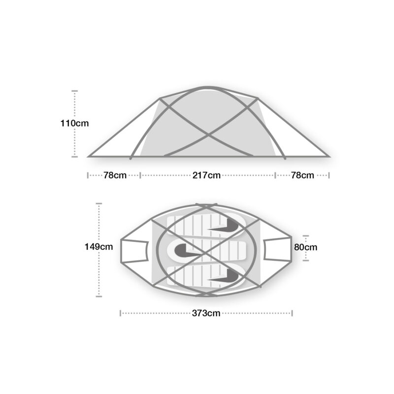 Side and top schematic of a dome tent with crossed poles: side view shows 110 cm peak height and a central sleeping area 217 cm long with 78 cm vestibules each side; top view shows 373 cm overall length, 149 cm internal width and 80 cm vestibule depth, with two sleeping mats drawn inside.