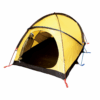 Yellow dome camping tent with a circular front doorway open to a dark interior and black groundsheet, supported by crossed poles and red and blue pegged straps on a white background.