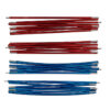 Four bundles of metallic tent pole sections—two red bundles at the top and two blue bundles at the bottom—each made of slender aluminium rods with silver connector ends, arranged on a white background.