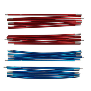 Four bundles of metallic tent pole sections—two red bundles at the top and two blue bundles at the bottom—each made of slender aluminium rods with silver connector ends, arranged on a white background.