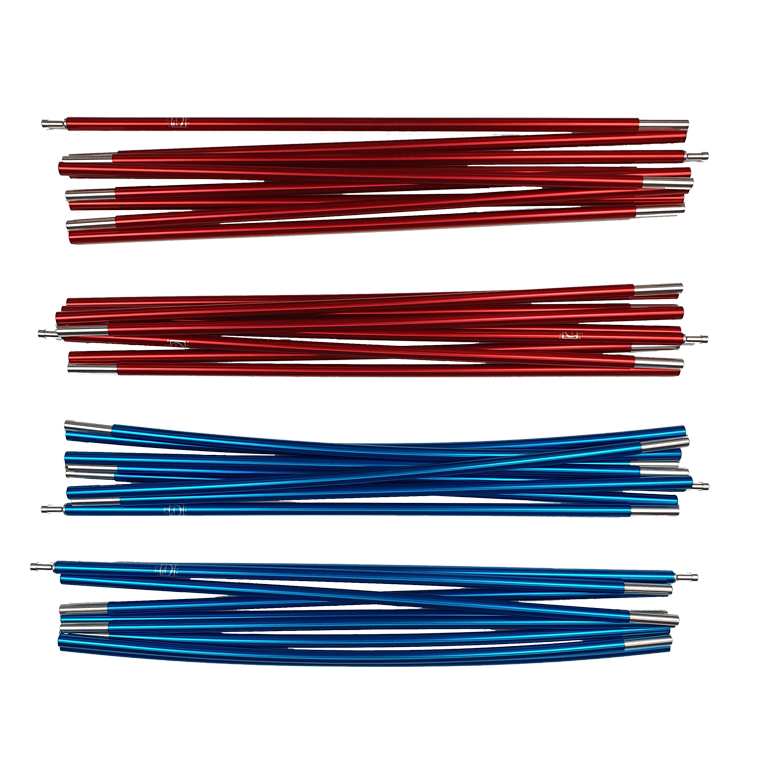Four bundles of metallic tent pole sections—two red bundles at the top and two blue bundles at the bottom—each made of slender aluminium rods with silver connector ends, arranged on a white background.