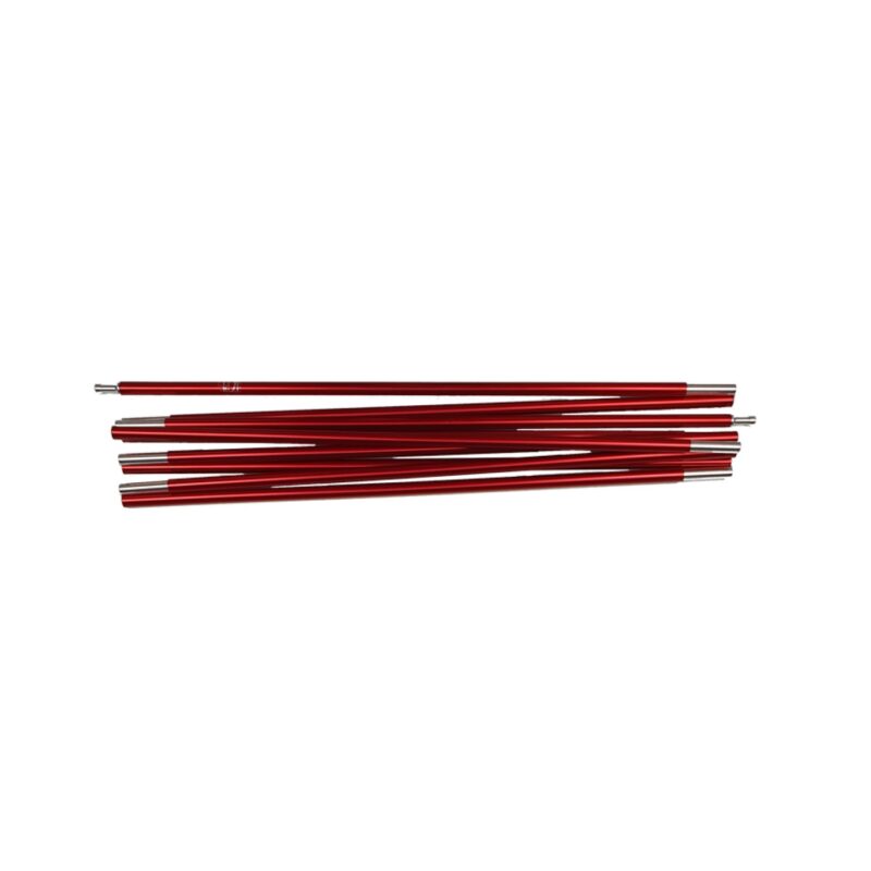 Several red anodised metal tent pole sections with silver connector ends stacked horizontally on a white background.