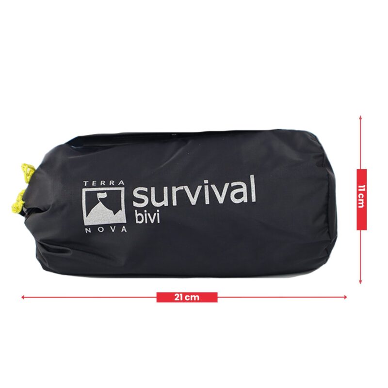 Compact black cylindrical stuff sack labelled "Terra Nova survival bivi" with a yellow drawcord, shown with red arrows indicating 21 cm length and 11 cm height.