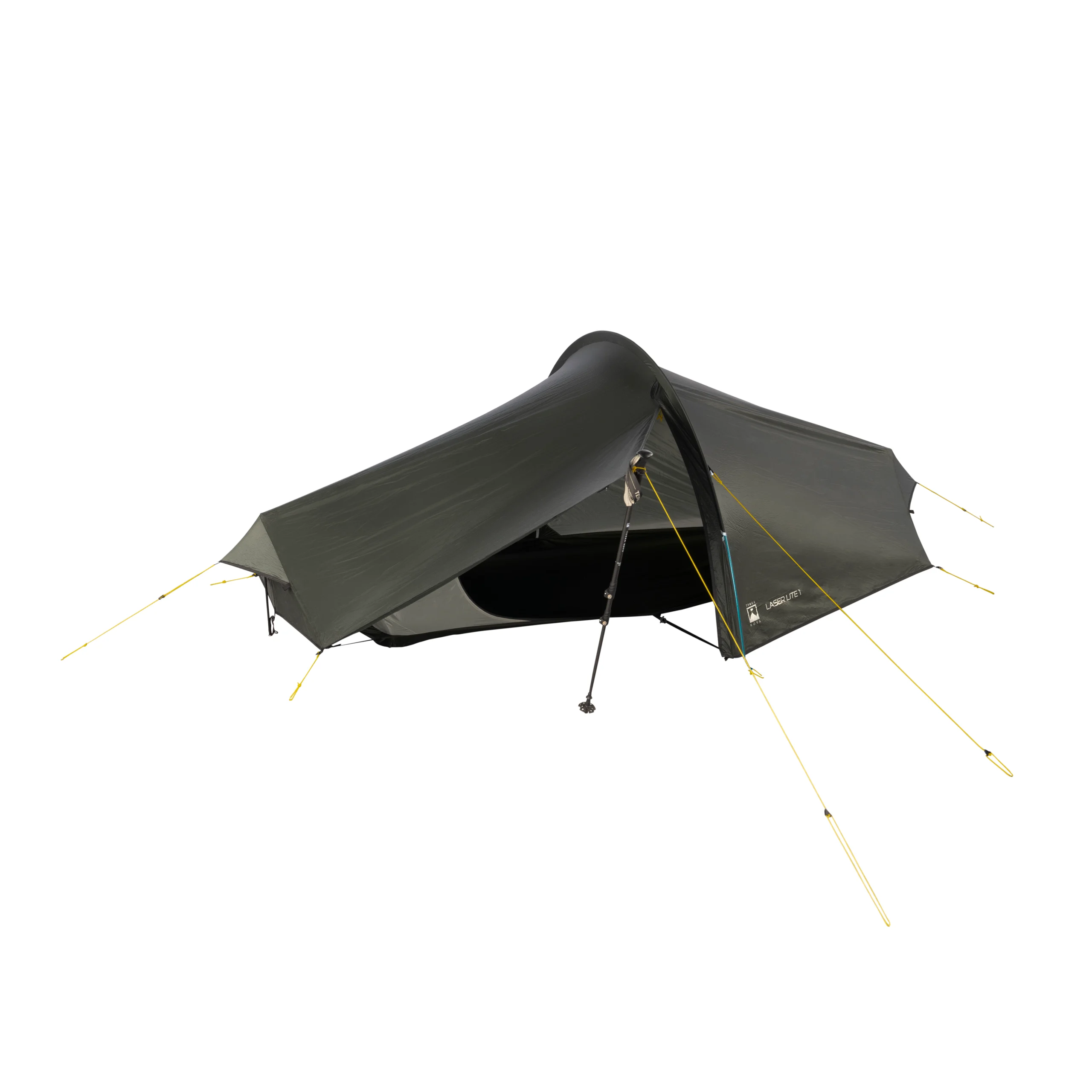 TN-Laser-Lite-2-scaled-4.webp Low-profile olive-green single-person backpacking tent in a tunnel shape supported by a central trekking pole, with yellow guy lines and a partially open entrance revealing a black inner sleeping area.
