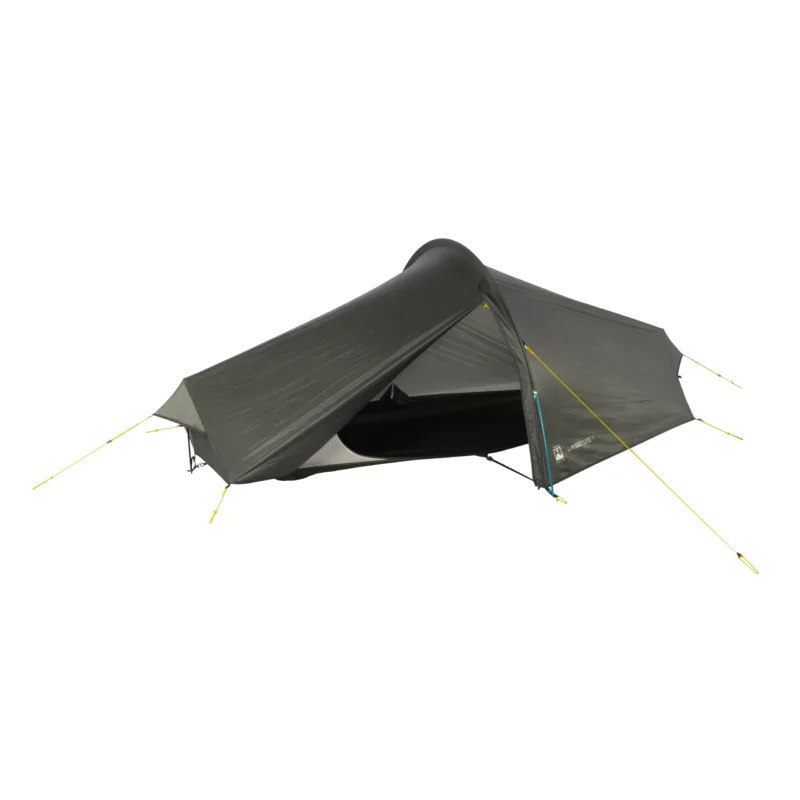 Low-profile olive-green single-person tunnel tent with a partially open front showing a mesh inner and black groundsheet, pegged out with bright yellow guy lines and short external pole supports.