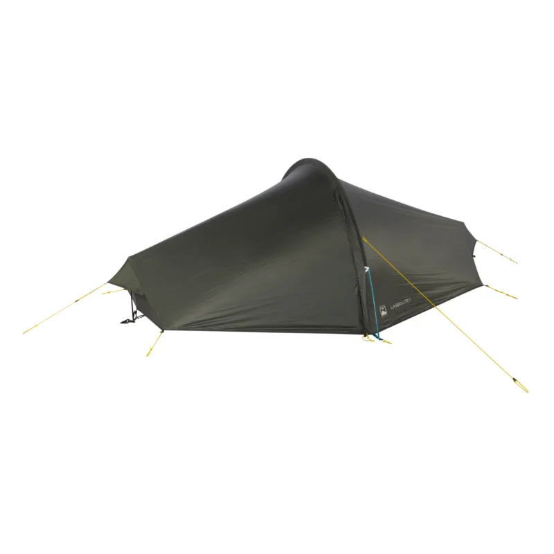 Low-profile olive-green single-person tunnel tent pitched with taut yellow guy lines and a small front vestibule, shown on a white background.