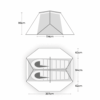 Side and top schematic of a two-person tent showing a 99 cm peak height and 114 cm inner width in elevation, and an octagonal top view with two sleeping mats inside a 207 cm overall diameter, a 114 cm central sleeping area and 62 cm side sections.
