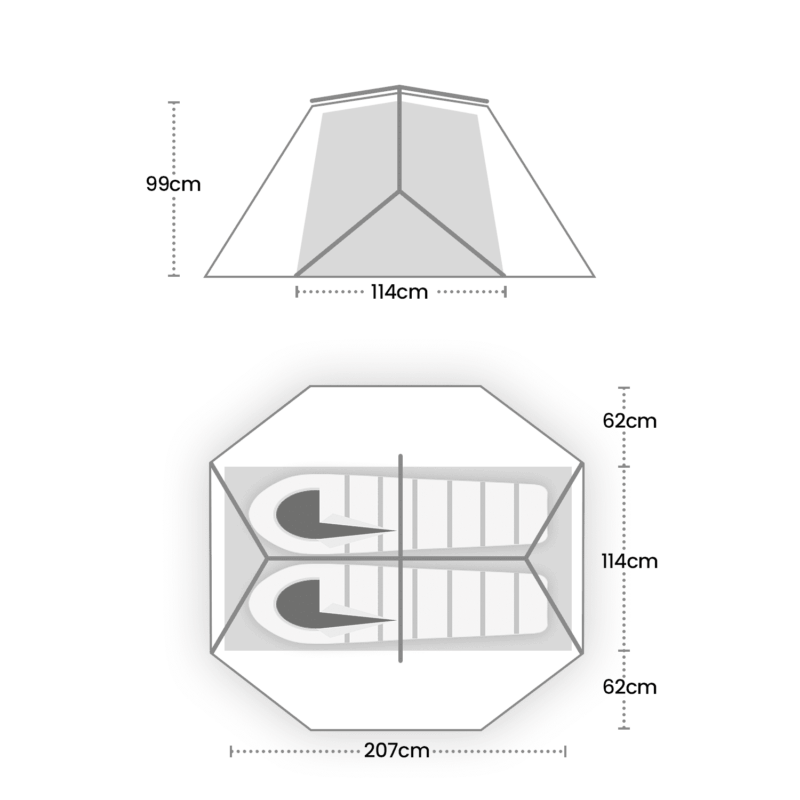 Side and top schematic of a two-person tent showing a 99 cm peak height and 114 cm inner width in elevation, and an octagonal top view with two sleeping mats inside a 207 cm overall diameter, a 114 cm central sleeping area and 62 cm side sections.